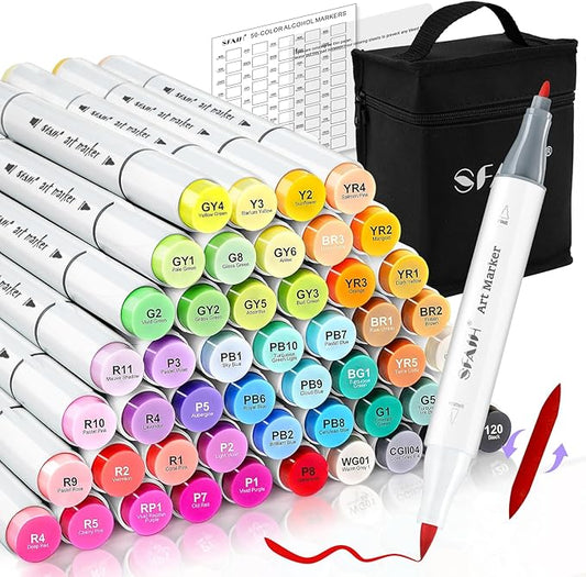 SFAIH Alcohol Markers Brush Tip & Fine Tip - 49 Colors Double Tipped Art Markers for Adult Coloring Books Illustration, Gifts for Artist Adult - Refillable Alcohol-based Ink