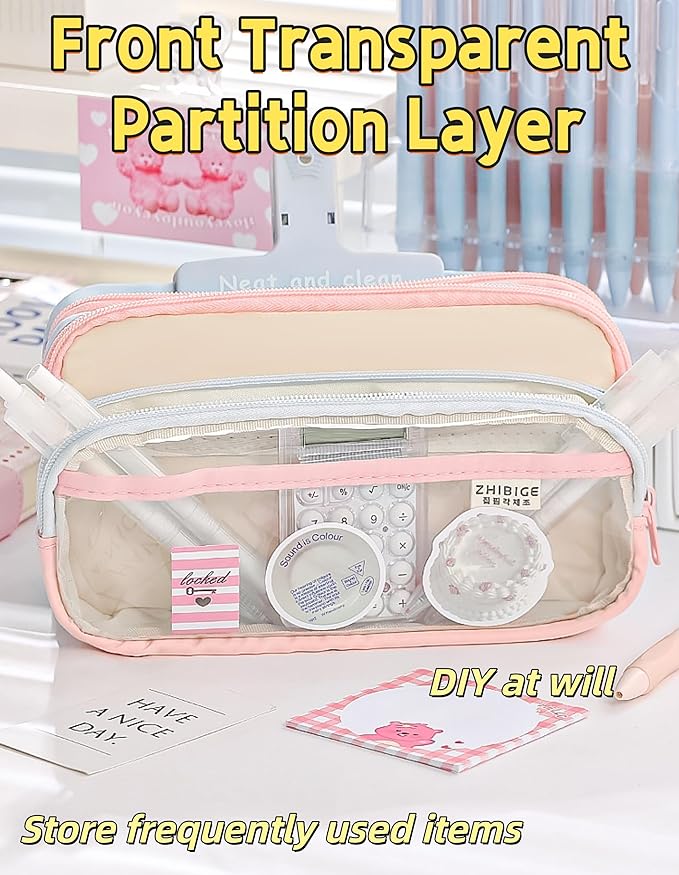 4-Layer Transparent Large Capacity Pencil Case - Ins Aesthetic Japanese Style Makeup & Supplies Organizer Pouch (Brown)