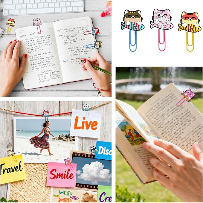 Cute Paper Clips,20Pcs Cute Pet Cat Bookmark Paperclips Bulk Metal Fun Kitten Eats Fish Planner Clip Charms Clamp Desk Accessories Stationery Colorful Office Supplies Student Teacher Party gifts Decor
