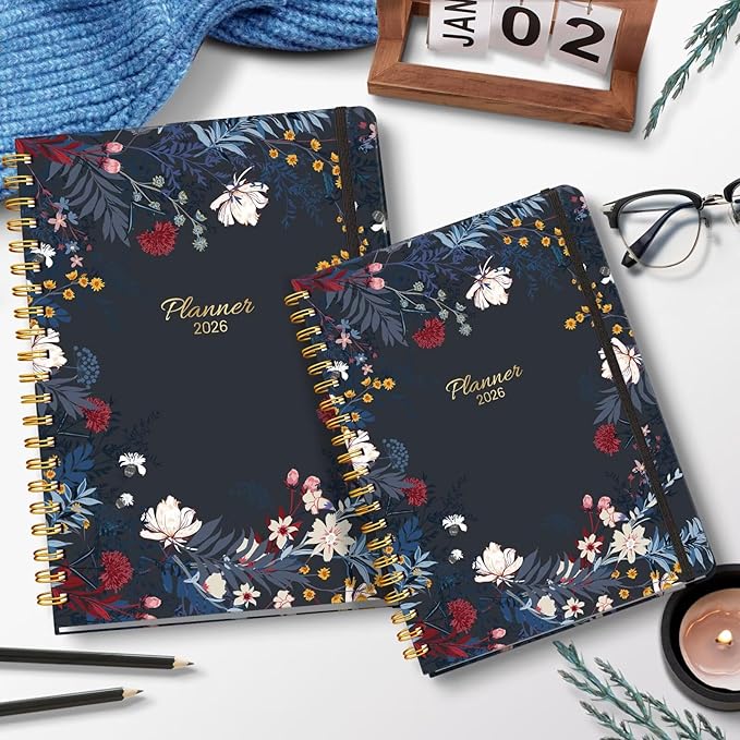 2026 Planner 8.5 x 11, Large Weekly and Monthly Planners with Tabs, A4 Spiral Bound Daily Calendar 2026 Planner, 12 Month Agenda Organizers from Jan. to Dec.(Black Bloss)