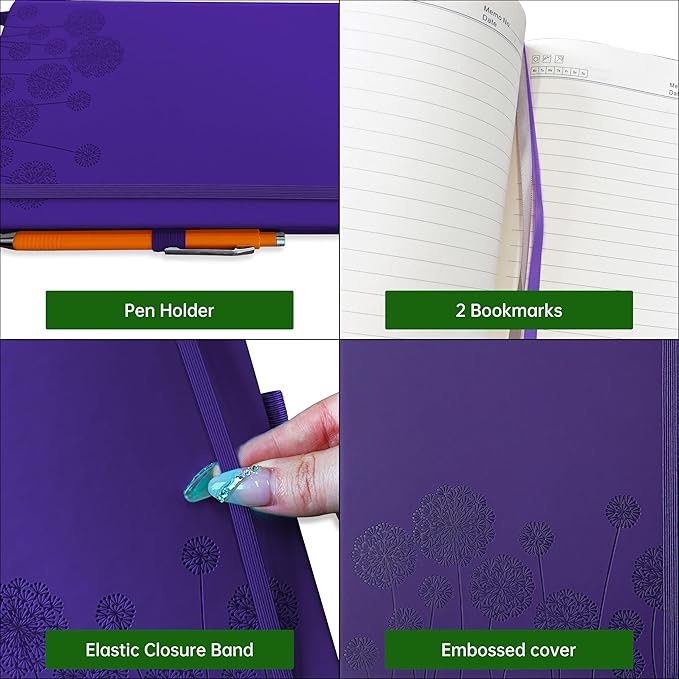 Notebook Journal for Women,A5 Hardcover Leather Journaling Notebooks for Work,200 Pages Travel Journal for Women Men with Pen Holder and Ribbon,5.78"×8.34"(Purple)