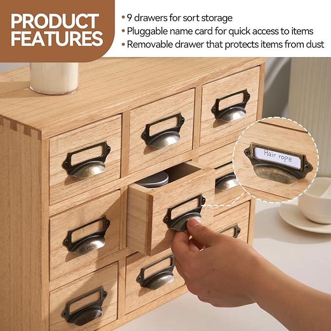 KIRIGEN Wood Drawer Organizer Desktop Storage Cabinet Box Drawers for Home Office Desk Organization and Storage 9 Drawer Mini Chest with Metal Handles Natural (9CG-NA)