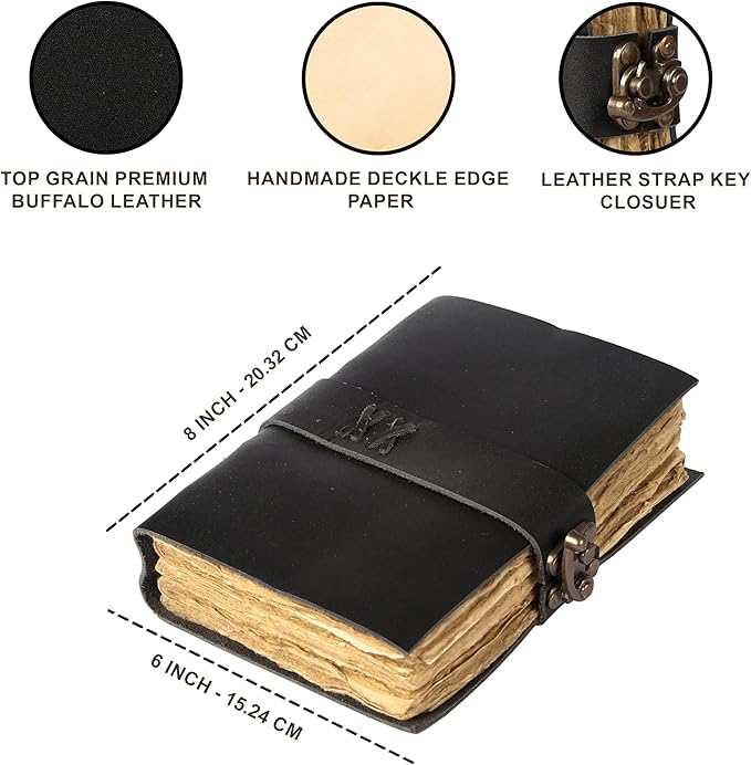 Vintage Leather Journal Handmade Buffalo Deckle Edge Paper – Leather Bound Journal for Women Men Vintage C-Lock Closure Ideal for Writing & Travel for Artists