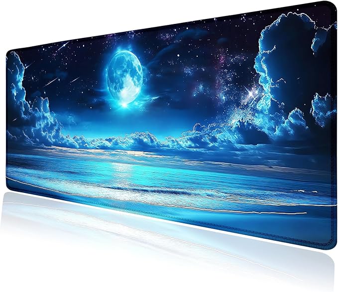 Blue Full Moon Sea Beach Large Mouse Pad, Desk Mat Computer Keyboard Pad Non-Slip Rubber Base Waterproof with Stitched Edges for Laptop Gaming, Office & Home 31.5 x 11.8 Inch