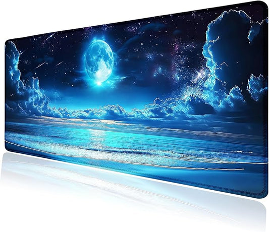 Blue Full Moon Sea Beach Large Mouse Pad, Desk Mat Computer Keyboard Pad Non-Slip Rubber Base Waterproof with Stitched Edges for Laptop Gaming, Office & Home 31.5 x 11.8 Inch
