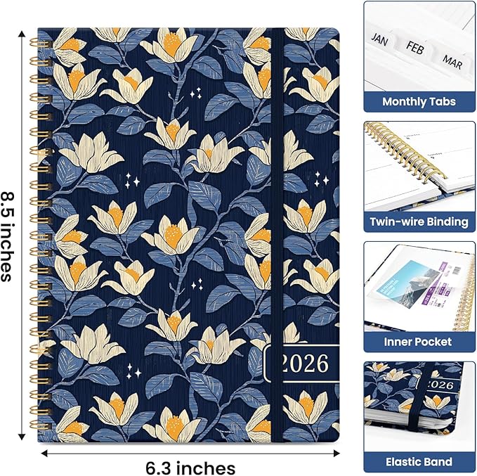 2026 Planner, Weekly and Monthly Calendar Planner for Women, Jan 2026 - Dec 2026, Hardcover Planning Agenda book with Tabs, Spiral Bound, Inner Pocket, Perfect for School Office Supplies, 6.3" x 8.5" - Midnight Magnolia