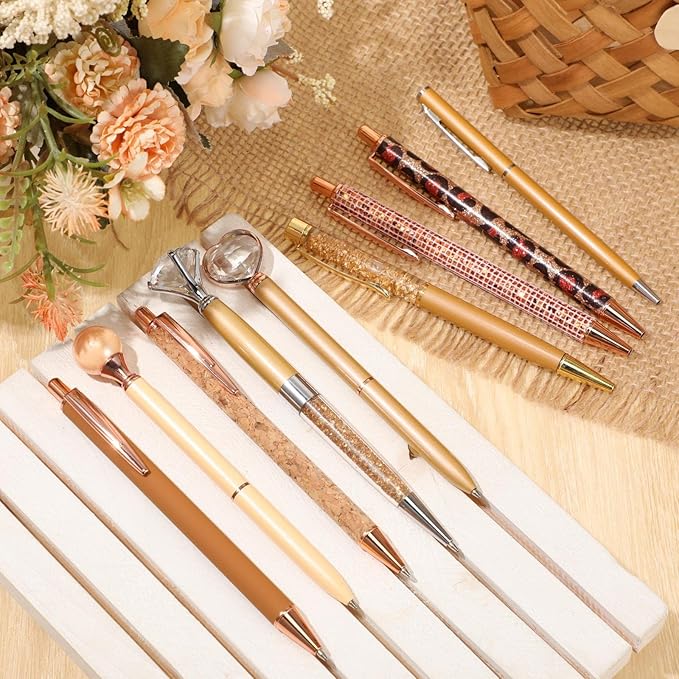 Janmini 9 Pcs Ballpoint Pens Set Metal Crystal Diamond Glitter Pens for Journaling Black Ink Pretty Cute Things Fancy Stationery Gifts for Women Girls Birthday Home Office Desk(Brown)