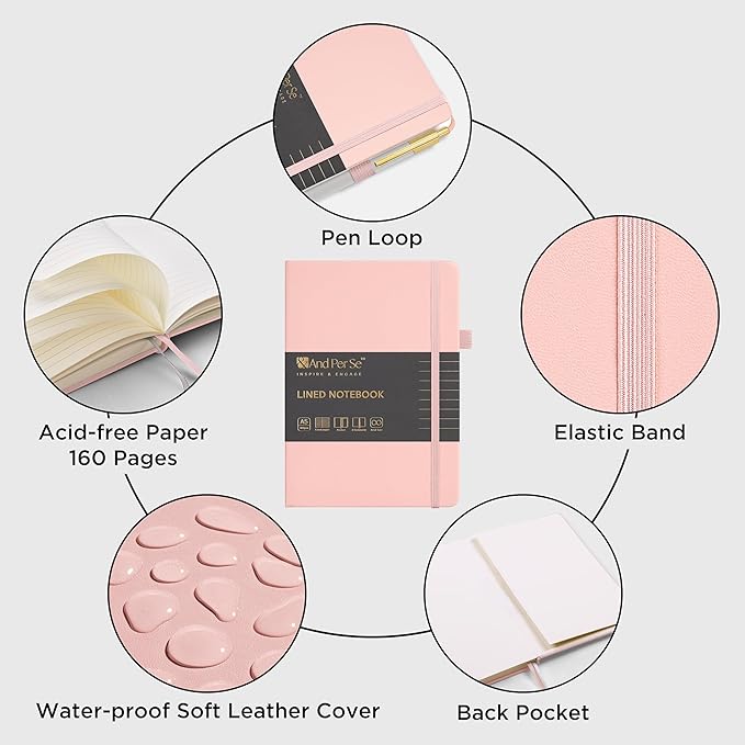 &And Per Se Lined Journal and Pen Set, A5 Leather Hardcover Notebook with Pen & Stationary Set, 160 Pages Journal for Business Work Writing, Valentine's Day Gift Set for her (Pink)