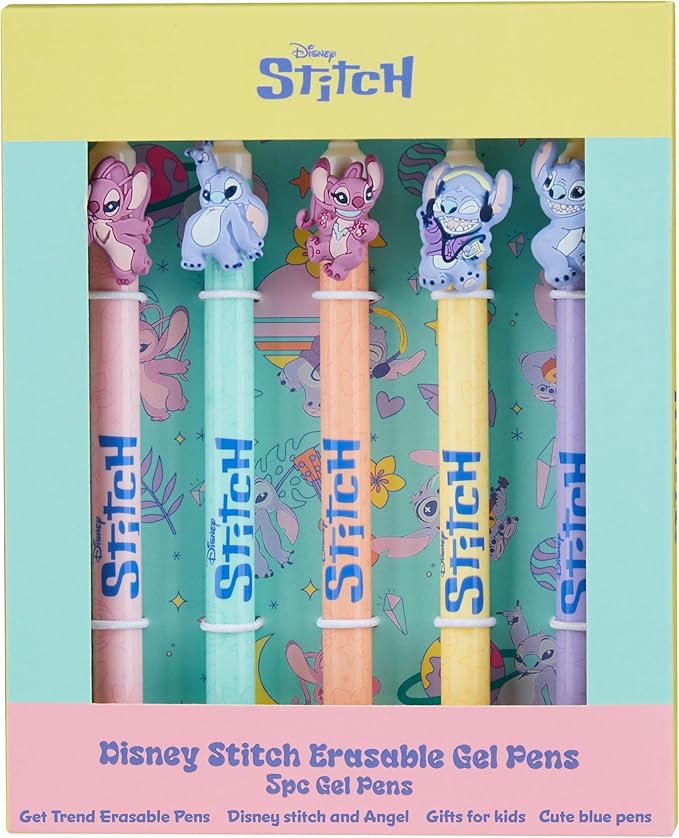 Get Trend Disney Stitch 5pcs Erasable Gel Ink Pens and Angel Cute Writing Pens for Kids Fun Stationery Set Kawaii Journaling Supplies Cool Pen Gifts for Kids (Stitch & Angel)
