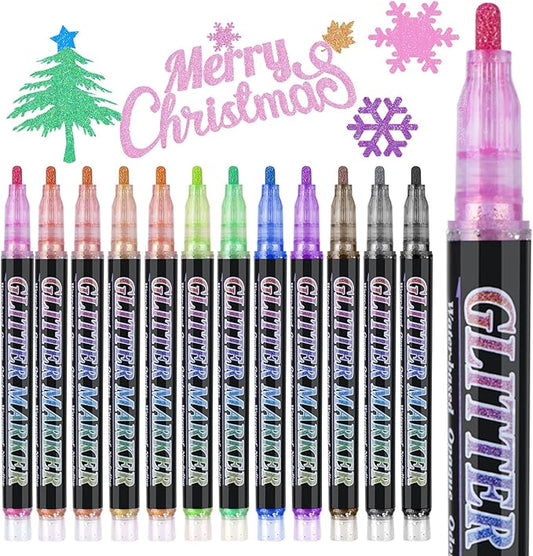 Glitter Marker Pens,12 Colors Self-Shimmer Metallic Markers,Glitter Paint Pens DIY Crafts Greeting Birthday Cards, Making Poster,Album,Scrapbooking,Wood，Mugs