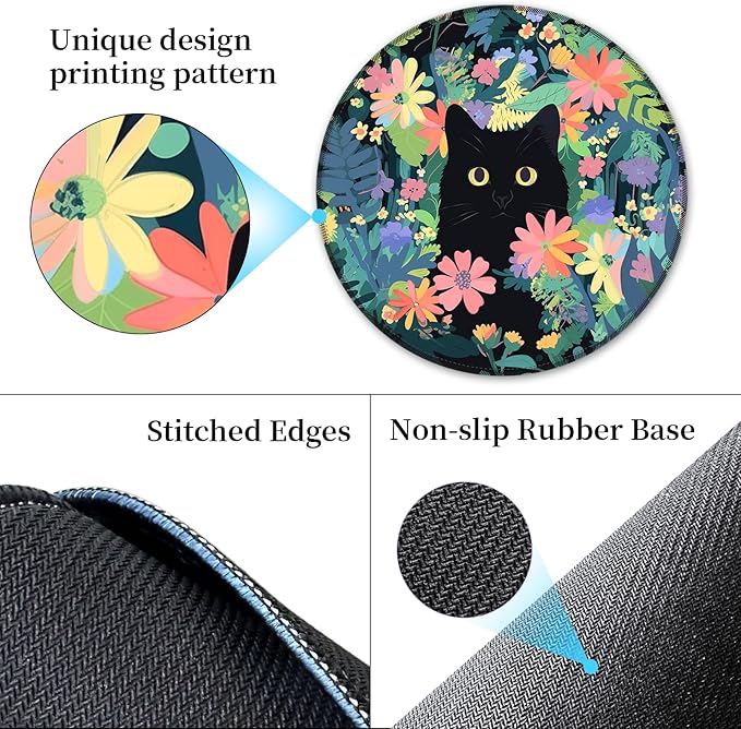 Floral Black Cat Mouse Pad for Desk, Small Cute Mousepad with Non-Slip Base, Round Travel Mouse Pads for Wireless Mouse Laptop, Computer Mouse Mat for Gaming Home Office Desk Accessories