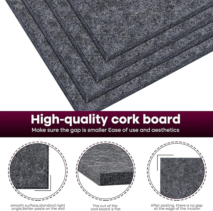 Felt Cork Board Tiles 6 Pack Grey Bulletin Boards 12"x12" - 1/2" Thick Corkboards for Wall Bulletin Board Self Adhesive with 100 Push Pins for Wall School Home Office