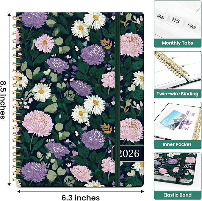 2026 Planner, Weekly and Monthly Calendar Planner for Women, Jan 2026 - Dec 2026, Hardcover Planning Agenda book with Tabs, Spiral Bound, Inner Pocket, Perfect for School Office Supplies, 6.3" x 8.5" - Wild Asters