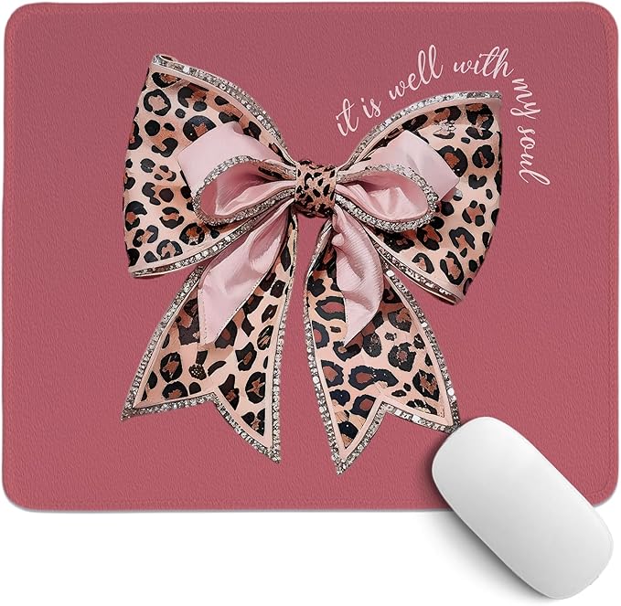 Coquette Pink Bow Mouse Pad,Christian Mouse Pad, Bow Themed Desk Accessories, Girly Leopard Desk Mat for Girls Dorm Home Office Desktop Decor,10.2x8.2Inch