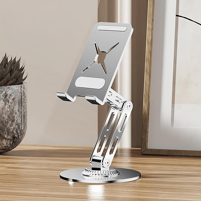 All-Metal Cell Phone Stand 360° Rotatable & Height Adjustable - 25KG Super Load-Bearing, Foldable Desk Stand for Phone & Tablet, Compatible with iPhone 17/16/15/14, Nintendo Switch, Silver