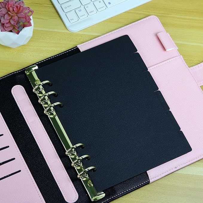 Koqye Leather Textured A5 6-Ring Binder Dividers with 6 Tabs, Black Paper Index Page Separators with Gold Stickers for Planner/Organizer (1 Set - 6 Tab with 1 Stickers)