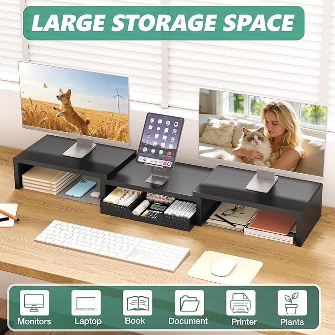 OPNICE Desk Organizers and Accessories, Dual Computer Monitor Stand Riser with Drawer, Office Desk Accessories & Workspace Organizers, Black