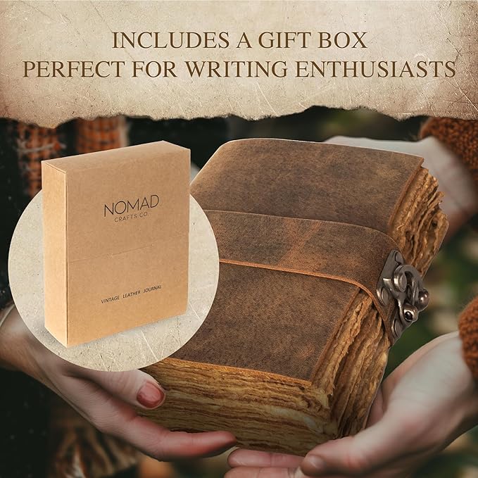 NomadCraftsCo. Vintage Leather Journal with Gift Box - Old Leather Bound Grimoire, Sketchbook, and Notebook - Perfect Leather Journals for Women and Men - Elegant Vintage Book for Writing and Drawing