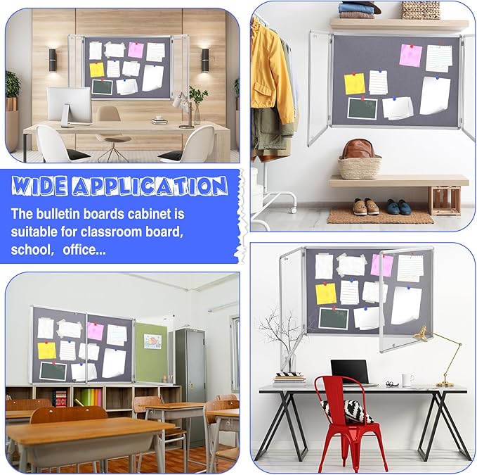 48"x36" Enclosed Bulletin Board Weather Resistant Lockable Outdoor Cork Fabric Display Board Aluminum Frame Wall Mounted 2 Locking Door for Office School Commercial 12xA4(Gray, Silver Frame)