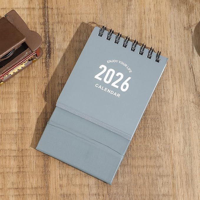 Mini Desk Calendar 2026-2027 - Use January 2026 to June 2027, Small Desktop Calendar Thick Paper Twin-Wire Binding with Stickers for Home Office School (Mini Grey)