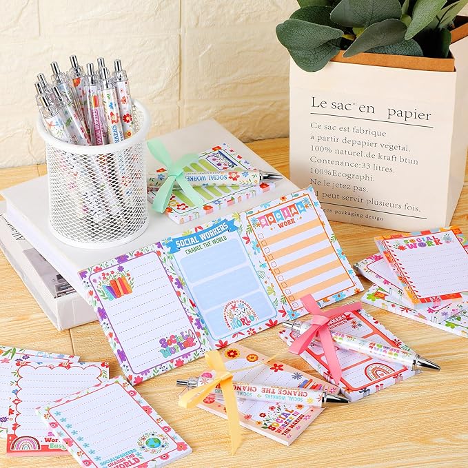 Eaasty 24 Sets Christmas Social Worker Appreciation Gifts Bulk Notepads and Ballpoint Pens Set with Ribbon Social Work Month Gifts for School Staff Coworker Office Supplies