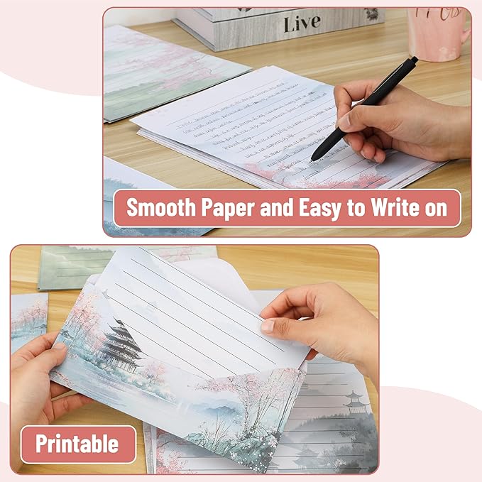 Mr. Pen- Stationery Writing Paper with Envelopes, 8.5 x 11 Inch, 160 Pack(50 Letter Writing Paper with 50 Envelopes and 60 Round Dot Sticker) Cherry Blossoms Cute Stationary Set with 10 Design