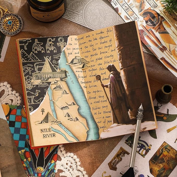 Pre-Cut Vintage Stickers for Journaling, 500+ Scrapbook Stickers and 20 A5 Scrapbook Papers, Retro Egypt Theme Aesthetic Washi Sticker Book for Adults, Ephemera for Junk Journal Supplies DIY Crafts