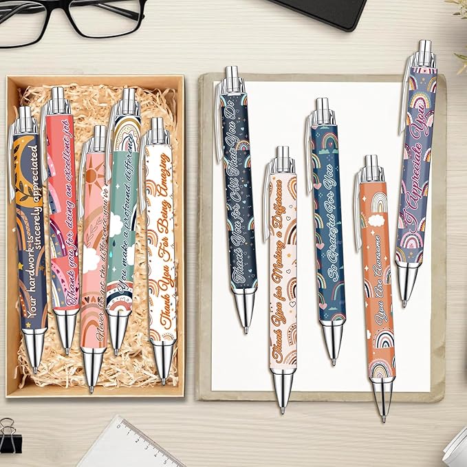 Idealmuzik Employee Appreciation Ballpoint Pens, 10 Pack – Bohemian Rainbow Inspirational Pens with Encouraging Quotes – Smooth Writing Pens for Office, Team Gifts, Staff Recognition, and Daily Use