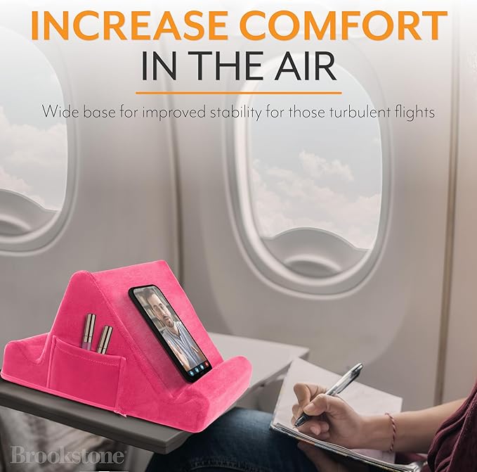 Brookstone Tablet Lap Cushion - Tablet and Phone Holder for Bed, Flights, and Travel, Two Angled Memory Foam Lap Desk for Reading and Hands Free Viewing, Compatible iPad and Kindle Accessories, Pink