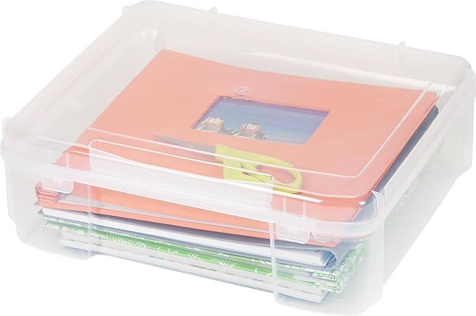 IRIS USA Fits 12" x 12" Paper, Thick Portable Plastic Scrapbook Project Case with Built-in Handle for Art and Craft Supplies, Yarn, File, Paper, Office Documents, Toys, Rounded Corner, Clear