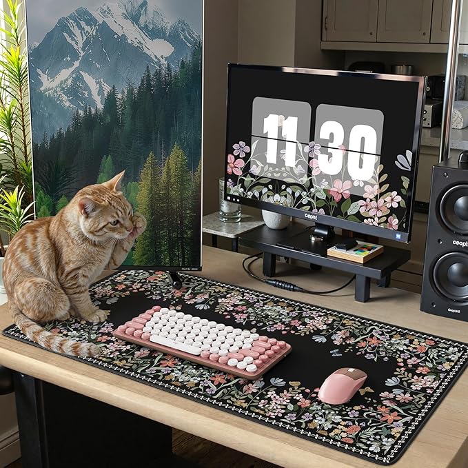iCasso Large Desk Pad,Aesthetic Mouse Pad Black for Women Girl,Anti-Slip Rubber Base Computer Mat for Desktop,Cute Floral Desk Cover Protector Pad for Office Home School Gaming