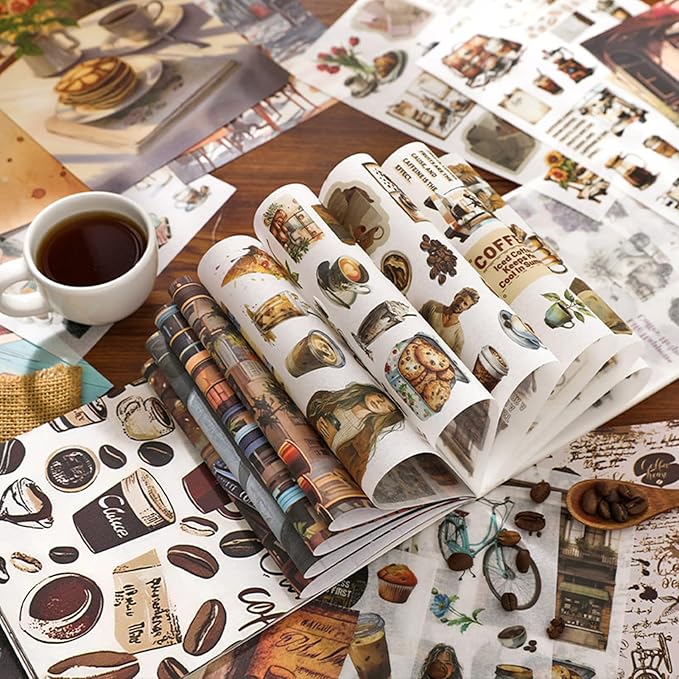 Pre-Cut Washi Sticker Book with 500+ Scrapbooking Stickers and 20 A5 Scrapbook Papers, Aesthetic Coffee and People Stickers for Journaling, Junk Journal Supplies for Adults Card Making, Art Crafts