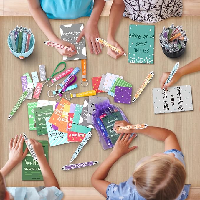 Pasimy 218 Pcs Inspirational Stationery Gifts Motivational Mini Notepad Pen Quote Bookmarks Stress Relief Stickers Inspiring Silicone Keychains for Home Office Appreciation Gift(Stylish)