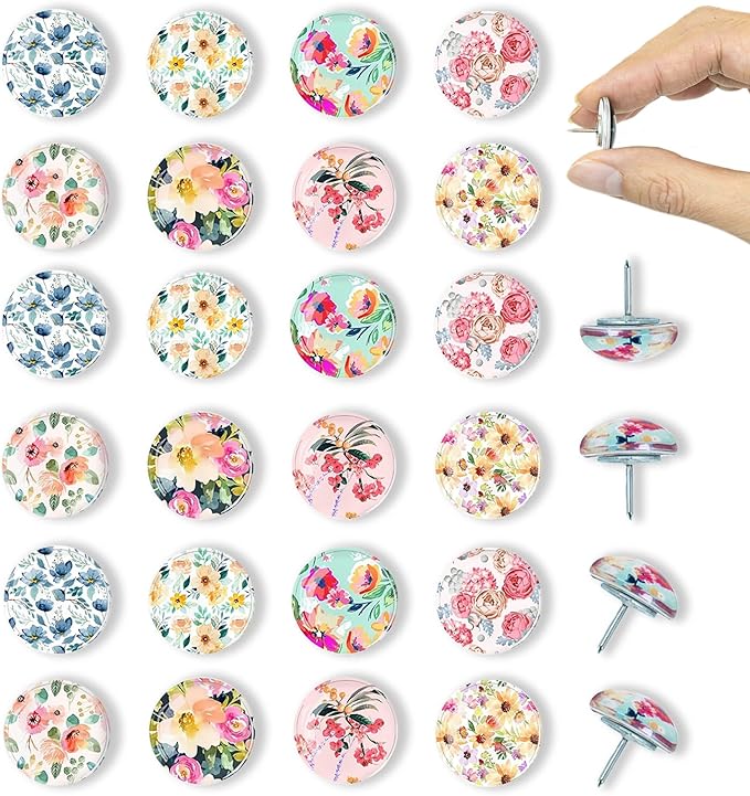 24Pcs Push Pins, Decorative Thumb Tacks,Floral Pins, Cute Push Pins for Cork Board Bulletin Board, Desk Accessories,Classroom,Home and Aesthetic Office Decor Supplies(Colorful Floral)