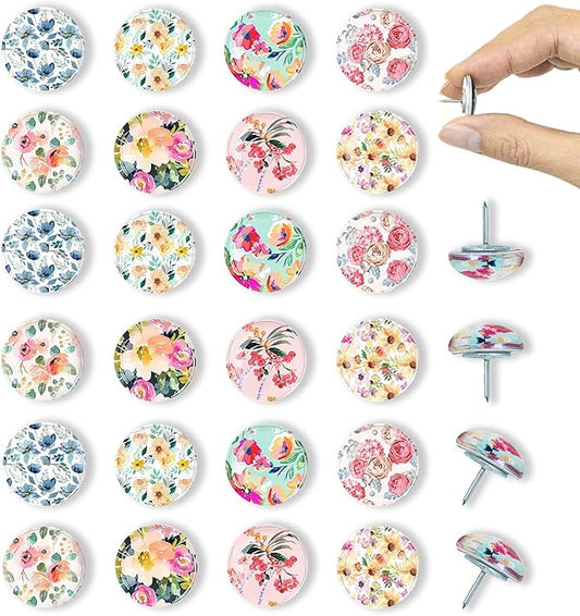 24Pcs Push Pins, Decorative Thumb Tacks,Floral Pins, Cute Push Pins for Cork Board Bulletin Board, Desk Accessories,Classroom,Home and Aesthetic Office Decor Supplies(Colorful Floral)
