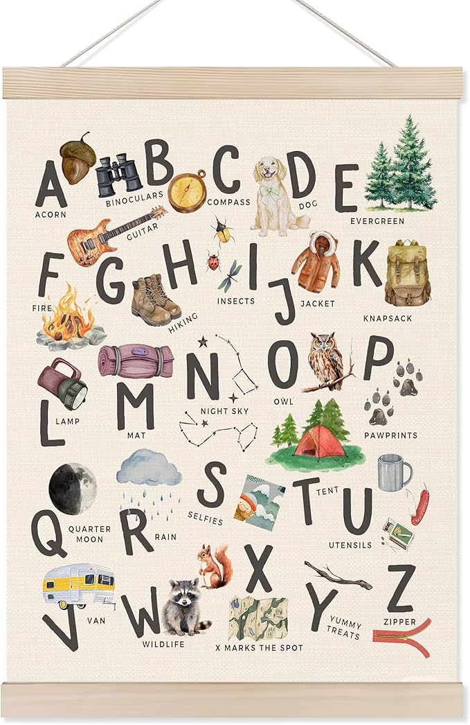 Koesus Camping Alphabet Nursery Wall Art Poster Hanger Frame 12x16 Inch, Camper RV Decor, ABC Educational Learning Canvas Pictures Prints Framed Wall Decor for Kids Room Nursery Preschool Classroom