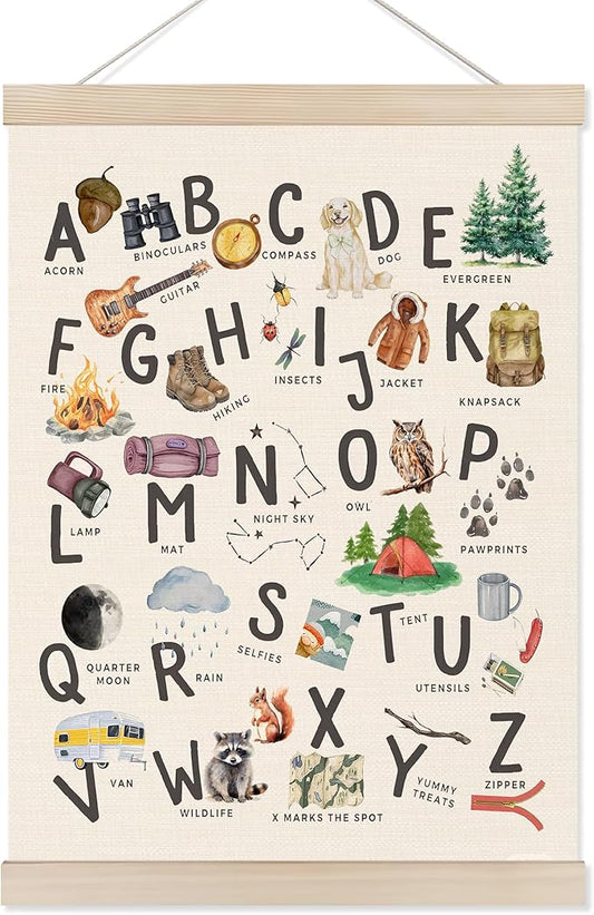 Koesus Camping Alphabet Nursery Wall Art Poster Hanger Frame 12x16 Inch, Camper RV Decor, ABC Educational Learning Canvas Pictures Prints Framed Wall Decor for Kids Room Nursery Preschool Classroom