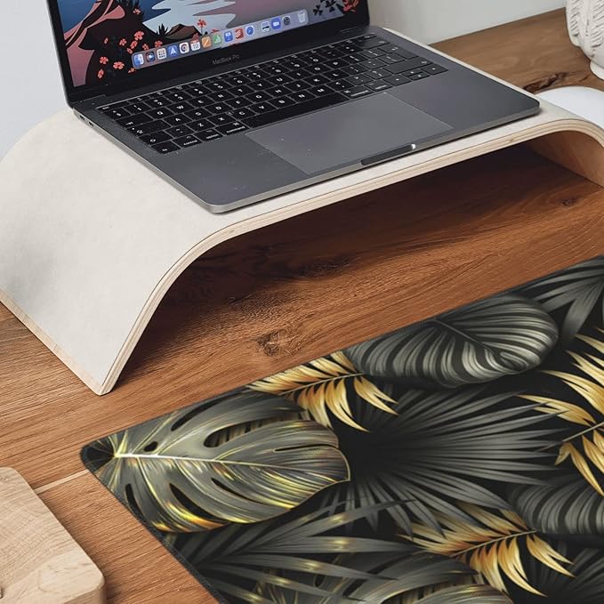 Gaming Mouse Pad,Large Mouse Pads for Desk,Non-Slip Rubber Base Extended Mousepad,XXL Keyboard Mouse Mat,Stitched Edges Computer Keyboard Desk Pad,35.4x15.8inch,Black Gold Tropical Leaves