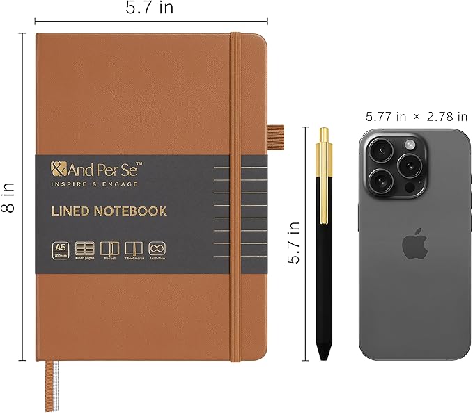 &And Per Se Lined Journal and Pen Set, A5 Leather Hardcover Notebook with Pen & Stationary Set, 160 Pages 100GSM Thick Ruled Paper Journal for Business Work Writing (Light Brown)