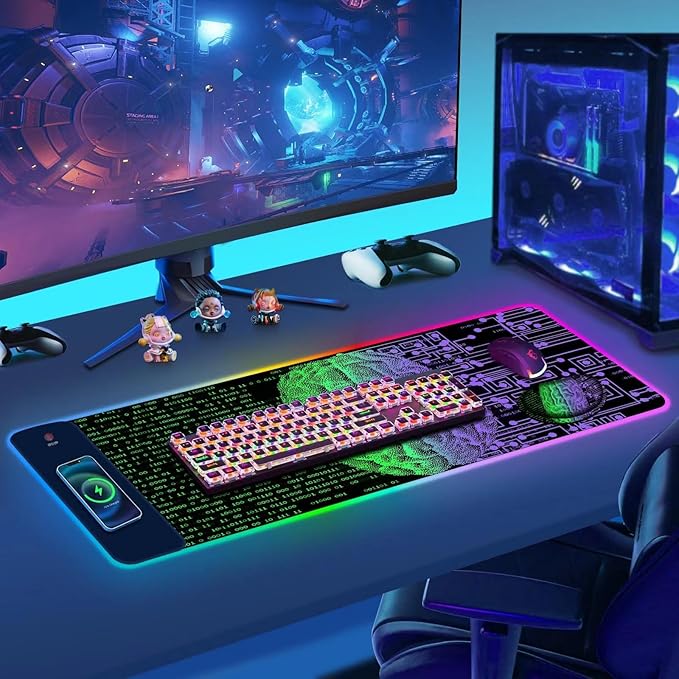 ToLuLu Wireless Charging RGB Gaming Mouse Pad, 15W LED Mouse Mat with 30W Charger, 14 Light Modes Large Mousepad Wrist Support, Non-Slip Rubber Base Desk Mat Computer Keyboard Pad, Right Left Brain