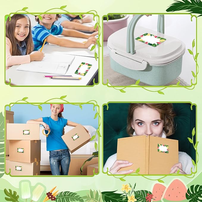 200PCS Summer Name Stickers, Summer Tropical Name Tags Stickers Palm Leaf Watermelon Lemon Name Labels for Classroom Office Cubby Locker Clothes Hawaiian Aloha Luau Party, 2x3 inch
