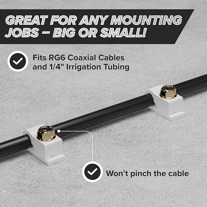 THE CIMPLE CO - Single Coaxial Cable Clips, Cat6, Electrical Wire Cable Clip, 1/4 in (6 mm) Screw Clip and Fastener, White (100 Pieces per Bag)
