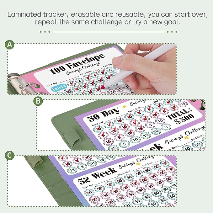 Sooez 100 Envelopes Money Saving Challenge, Savings Challenges Book with Envelopes, Flexible Saving $5050, $2600, $300, Savings Binder with 100 Pocket Pre-Number & Reusable Laminated Tracker