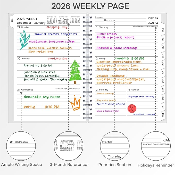 2026 Planner, Weekly ＆ Monthly Planner 2026, Jan 2026 – Dec 2026, 6.2" x 8.42", Flexible Cover, 12 Monthly Tabs, Thick Paper, Spiral Wirebound, Inner Pocket, Watercolor Flowers