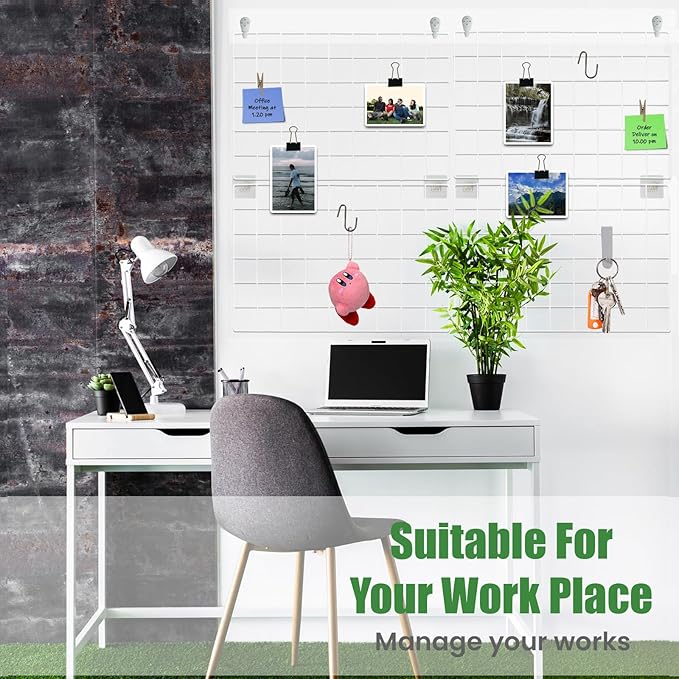 Metal Grid Wall Panel White, Wire Grid Photo Display Organizer, 17.3"×11.8" Wire Board Grid Wall, Grid Picture Frame, 4-Pack Wire Mesh Memo Board with Clips and Hooks