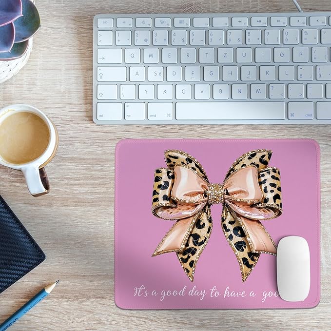 Pink Leopard Bow Mouse Pad,Coquette Pink Cheetah Bow Desk Pad,Girly Preppy Positive Affirmations Desk Mat for Girls Dorm Home Office Desktop Decor,10.2x8.2 Inch