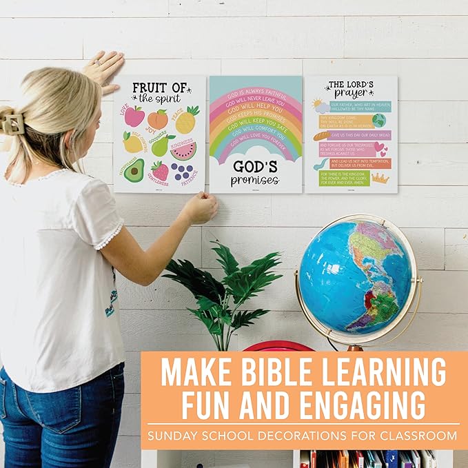 Hadley Designs Sunday School Decorations for Classroom – 9 Bible Posters for Kids, 11x14in Books of the Bible Poster, 10 Commandments, Fruits of the Spirit & More – Pastel Christian Classroom Decor
