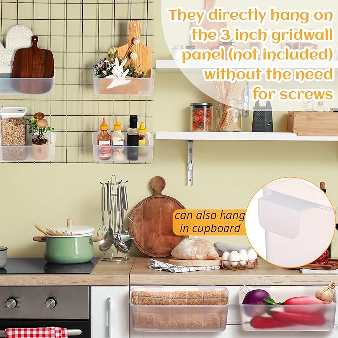 Gridwall Baskets, Grid Wall Storage Bin Plastic Grid Wall Panels Bins for 3 Inch Gridwall Panel for Organizing Storage Display Kitchen Home Office Garage Bathroom(Clear,4 Pcs)