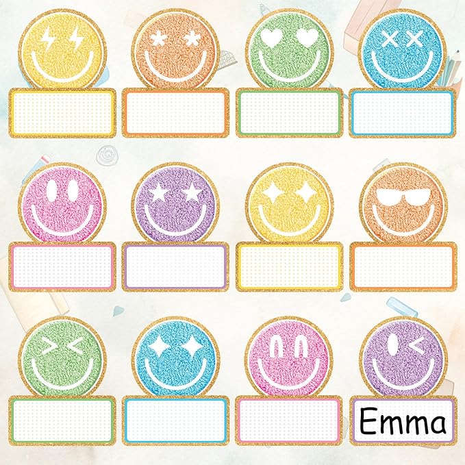 120Pcs Back to School Name Tag Stickers Smile Face Sticker Pastel Embroidered Style Happy Face Label Decals for Students Classroom Bulletin Board Desk Wall Message Board