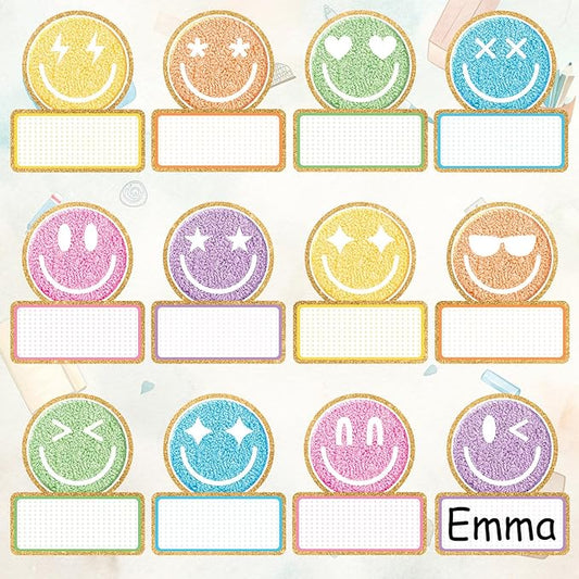 120Pcs Back to School Name Tag Stickers Smile Face Sticker Pastel Embroidered Style Happy Face Label Decals for Students Classroom Bulletin Board Desk Wall Message Board